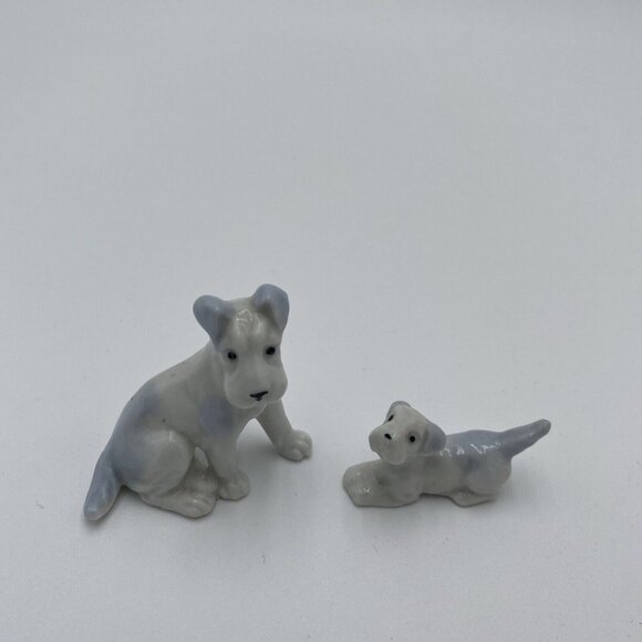 Vintage Miniature Dog Boston Terrier 2 Puppy Figurines Ceramic White Grey - Picture 1 of 7